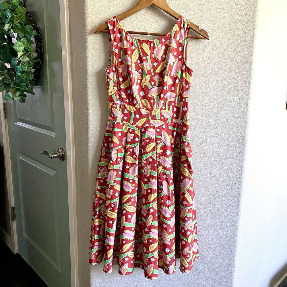 Miss Lulo Retro Venus Fly Trap Print Swing Dress Size Small Pockets